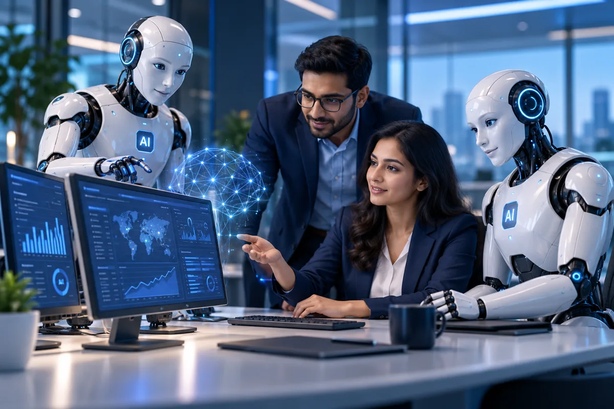 People and AI robots collaborating at computer workstations